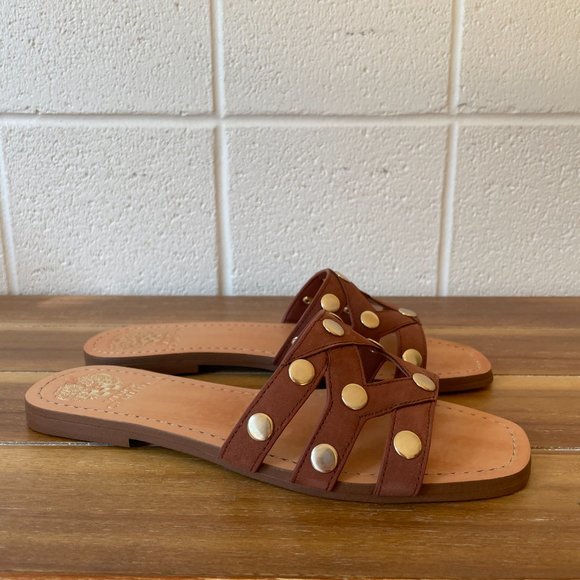 Vince Camuto Studded Sandal Slides in Nut Brown Leather - Picture 4 of 5